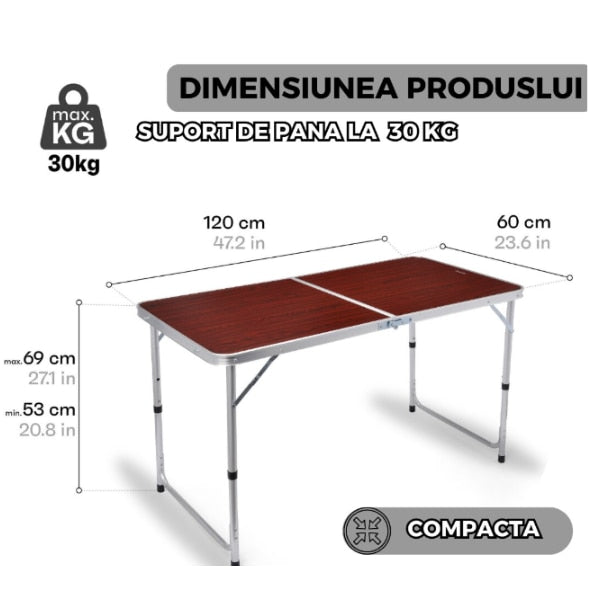Masuta pliabila picnic din aluminiu, tip servieta, 60 x 120 cm