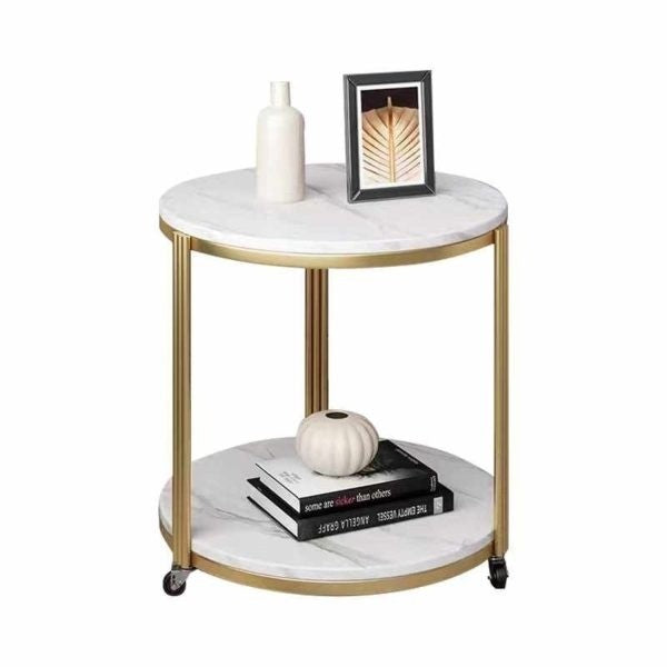 Masuta rotunda pe 2 nivele, blat tip piatra, cadru metalic auriu, design elegant, 60x30 cm