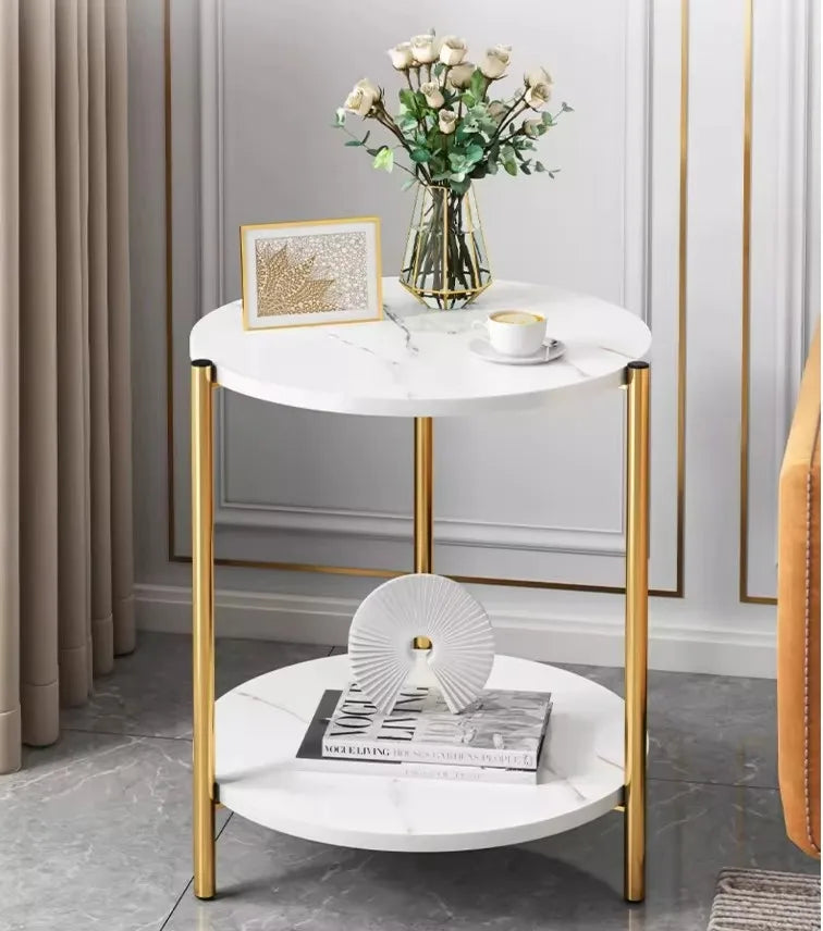 Masuta rotunda pe 2 nivele, blat tip piatra, cadru metalic auriu, design elegant, 60x30 cm