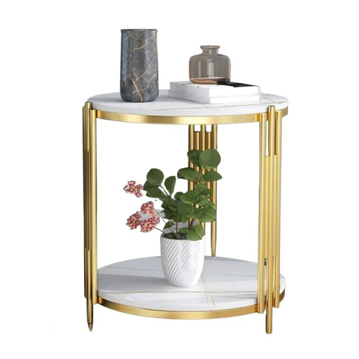 Masuta rotunda pe 2 nivele, blat tip piatra, cadru metalic auriu, design elegant, 60x30 cm