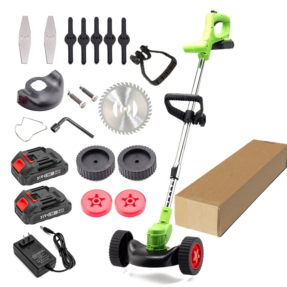 Motocoasa Electrica cu 2 Acumulatori 48V si Set Roti Detasabile, 4000 mAh, 18000 RPM, Disc + 2x Lama + 5x palete INCLUSE
