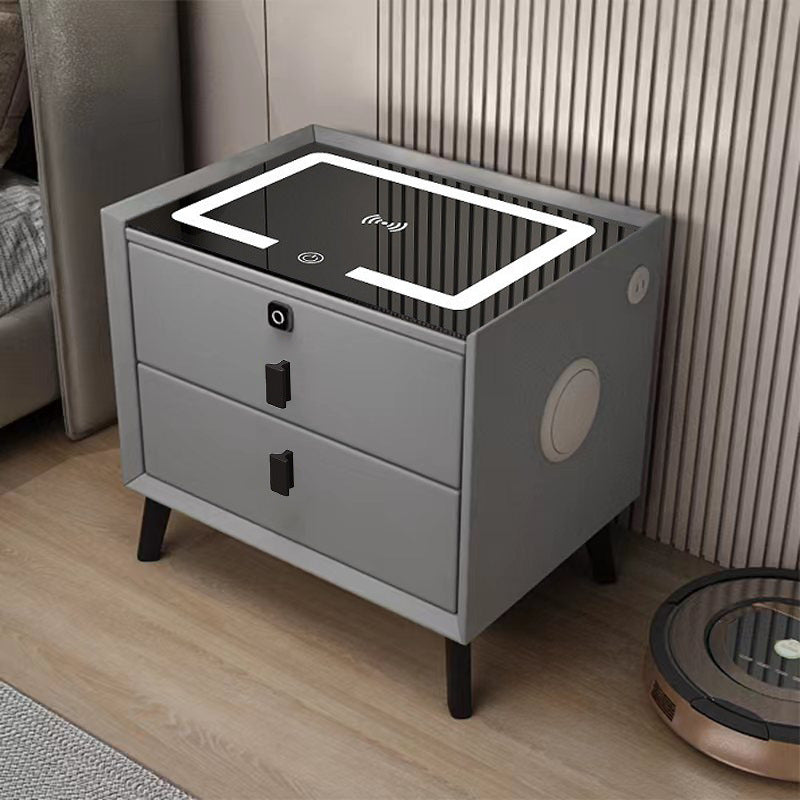 Noptiera SMART Multifunctionala, iluminare LED tactil cu 3 culori, incarcare wireless si USB, difuzor Bluetooth, 2 sertare