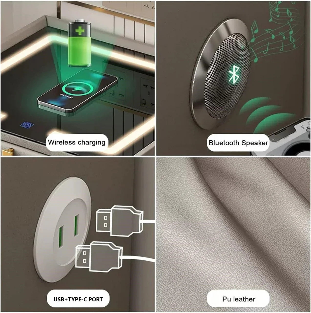 Noptiera SMART Multifunctionala, iluminare LED tactil cu 3 culori, incarcare wireless si USB, difuzor Bluetooth, 2 sertare