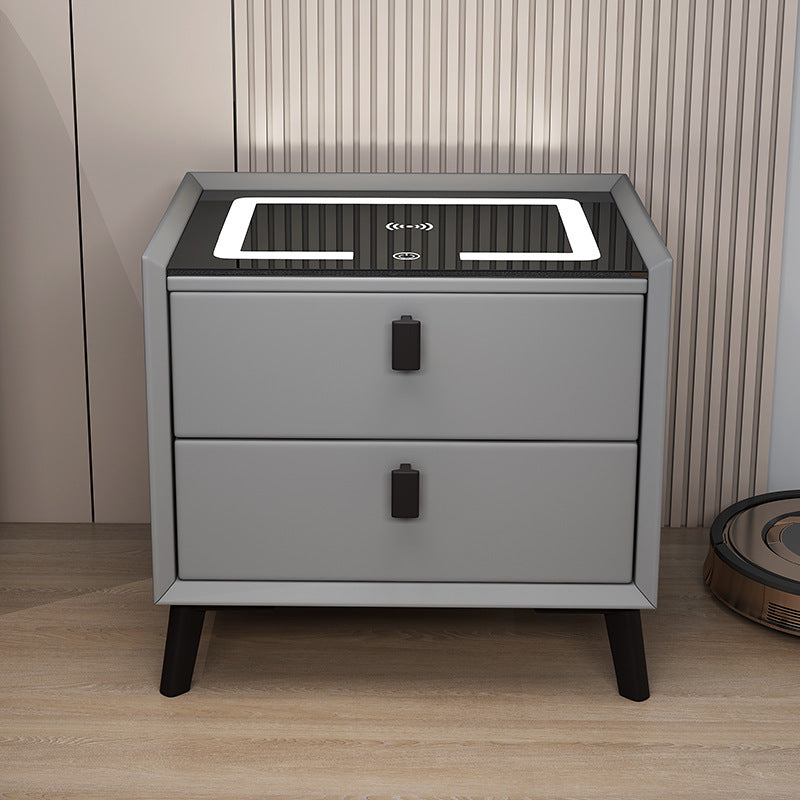 Noptiera SMART Multifunctionala, iluminare LED tactil cu 3 culori, incarcare wireless si USB, difuzor Bluetooth, 2 sertare