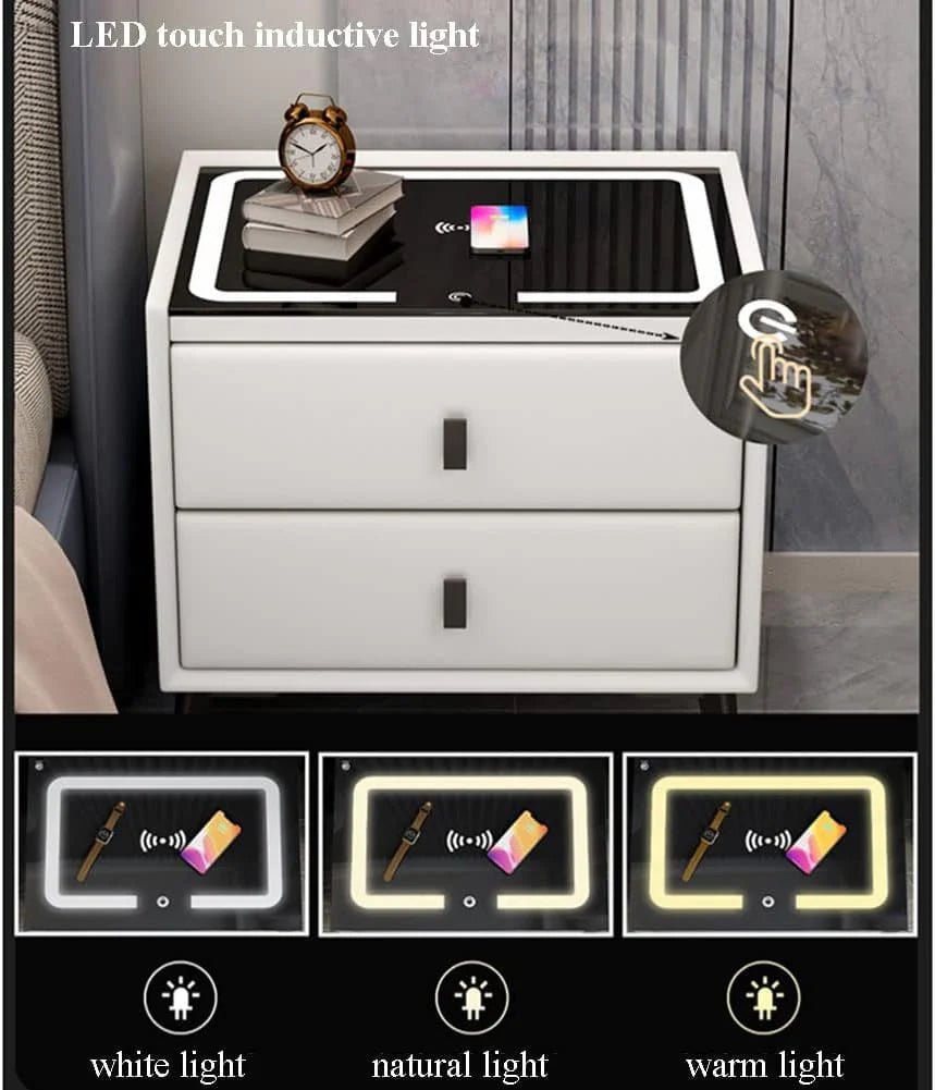 Noptiera SMART Multifunctionala, iluminare LED tactil cu 3 culori, incarcare wireless si USB, difuzor Bluetooth, 2 sertare