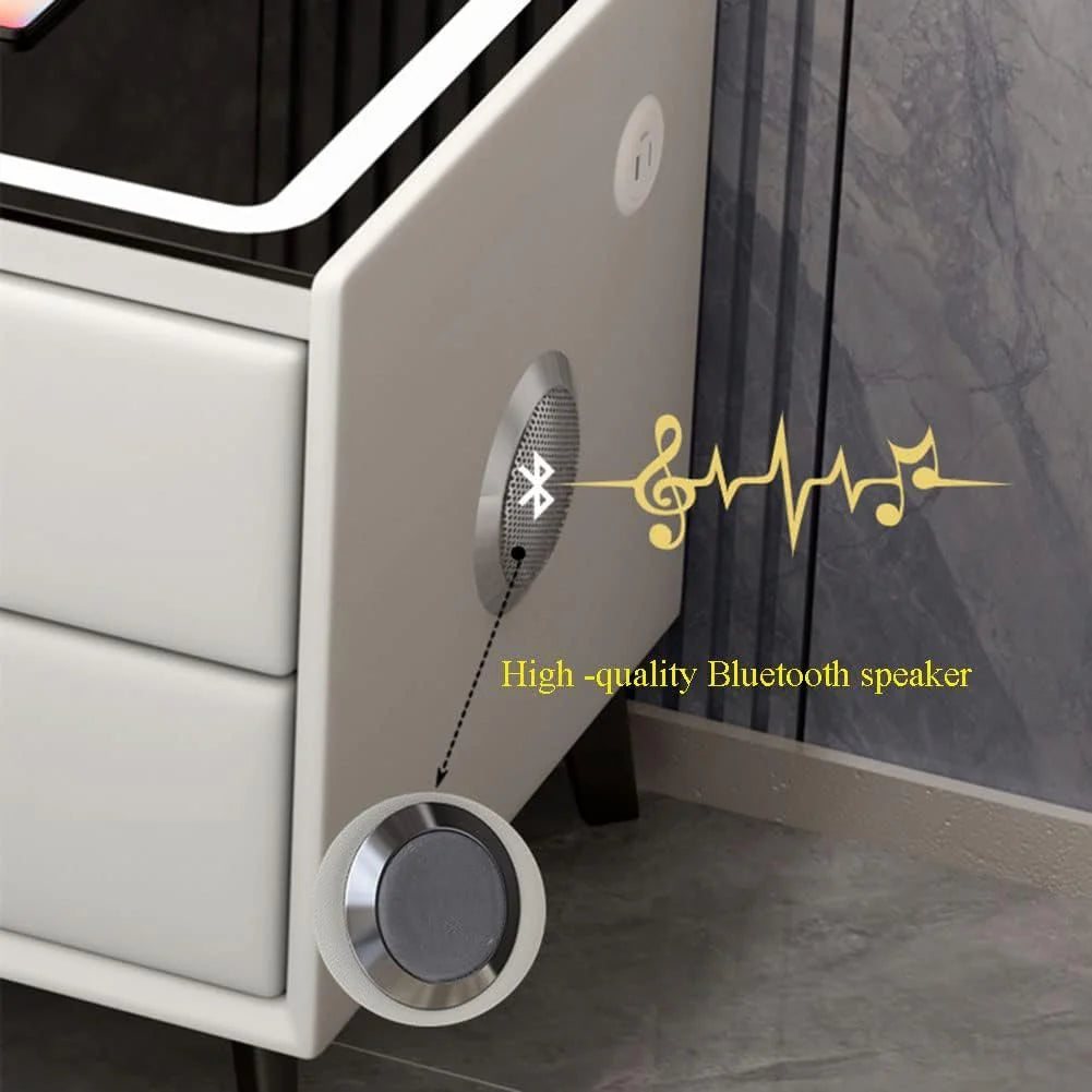 Noptiera SMART Multifunctionala, iluminare LED tactil cu 3 culori, incarcare wireless si USB, difuzor Bluetooth, 2 sertare