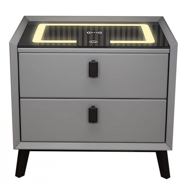 Noptiera SMART Multifunctionala, iluminare LED tactil cu 3 culori, incarcare wireless si USB, difuzor Bluetooth, 2 sertare