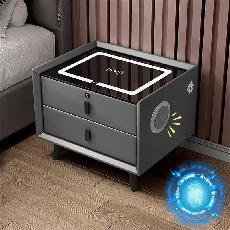 Noptiera Smart Multifunctionala, iluminare LED tactil cu 3 culori, incarcare wireless si USB, difuzor Bluetooth, 2 sertare