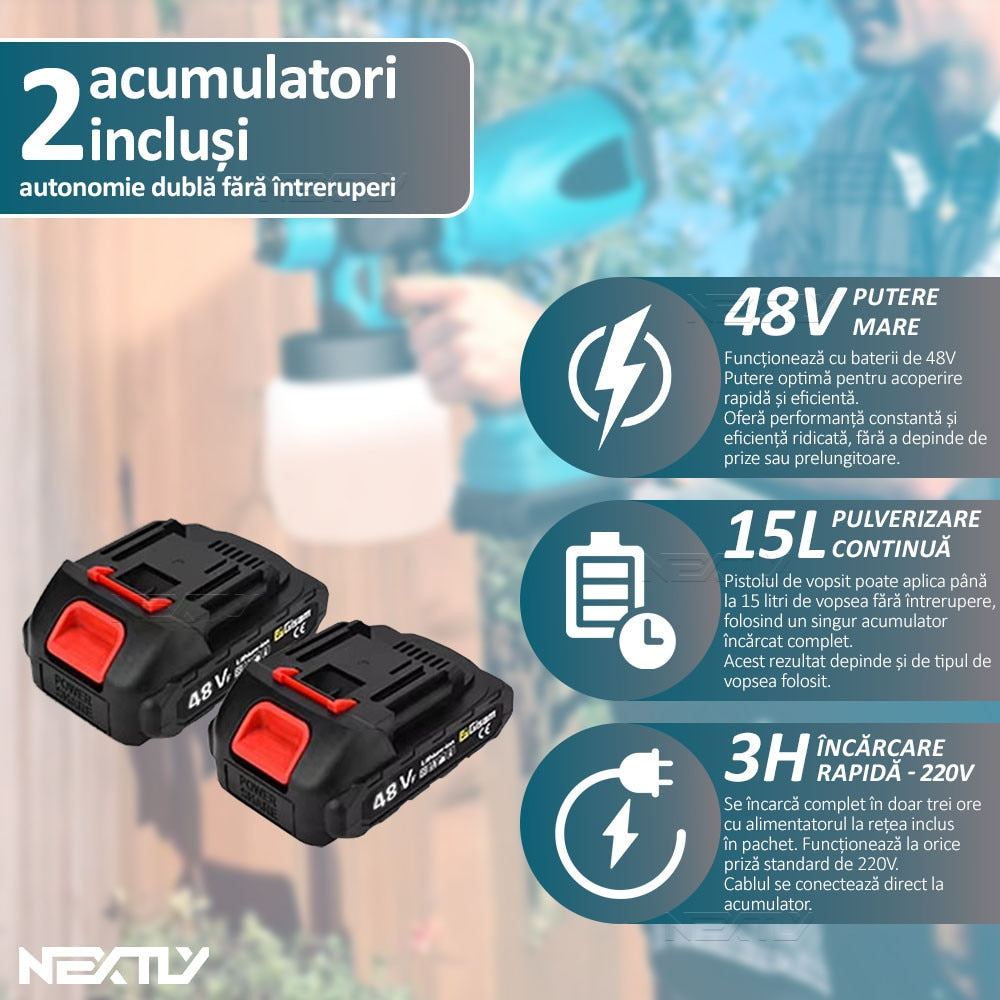 Pulverizator Electric de vopsea cu 2 acumulatori de 48V, 1000ml - 3 moduri de pulverizare, ideal pentru tavane, pereti si garduri