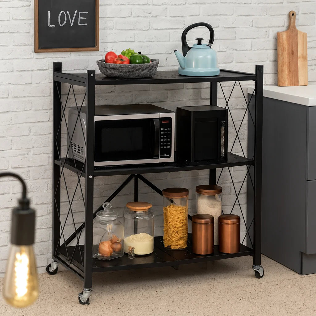 Raft depozitare, metalic, pliabil, pe roti, 3 polite,72 x 34 x 87 cm