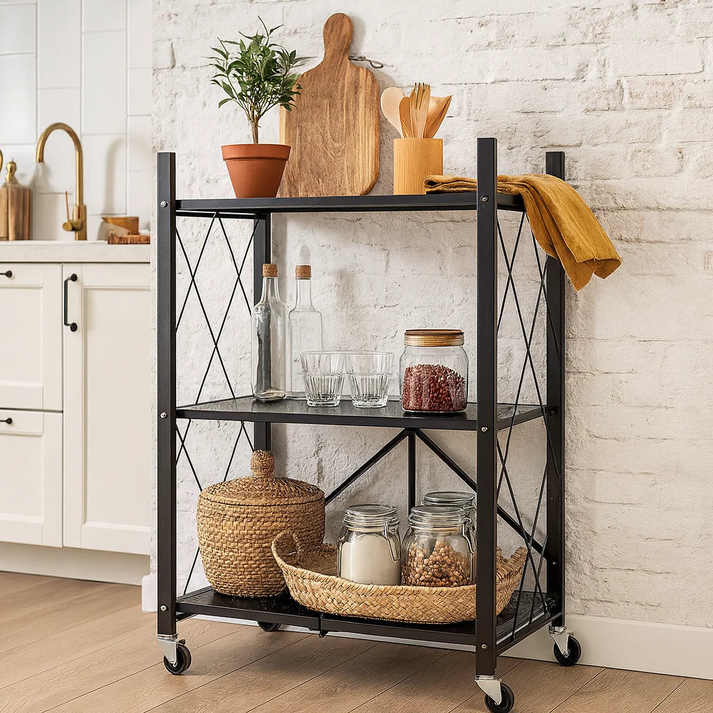 Raft depozitare, metalic, pliabil, pe roti, 3 polite,72 x 34 x 87 cm