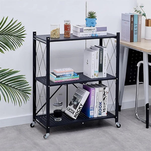 Raft depozitare, metalic, pliabil, pe roti, 3 polite,72 x 34 x 87 cm