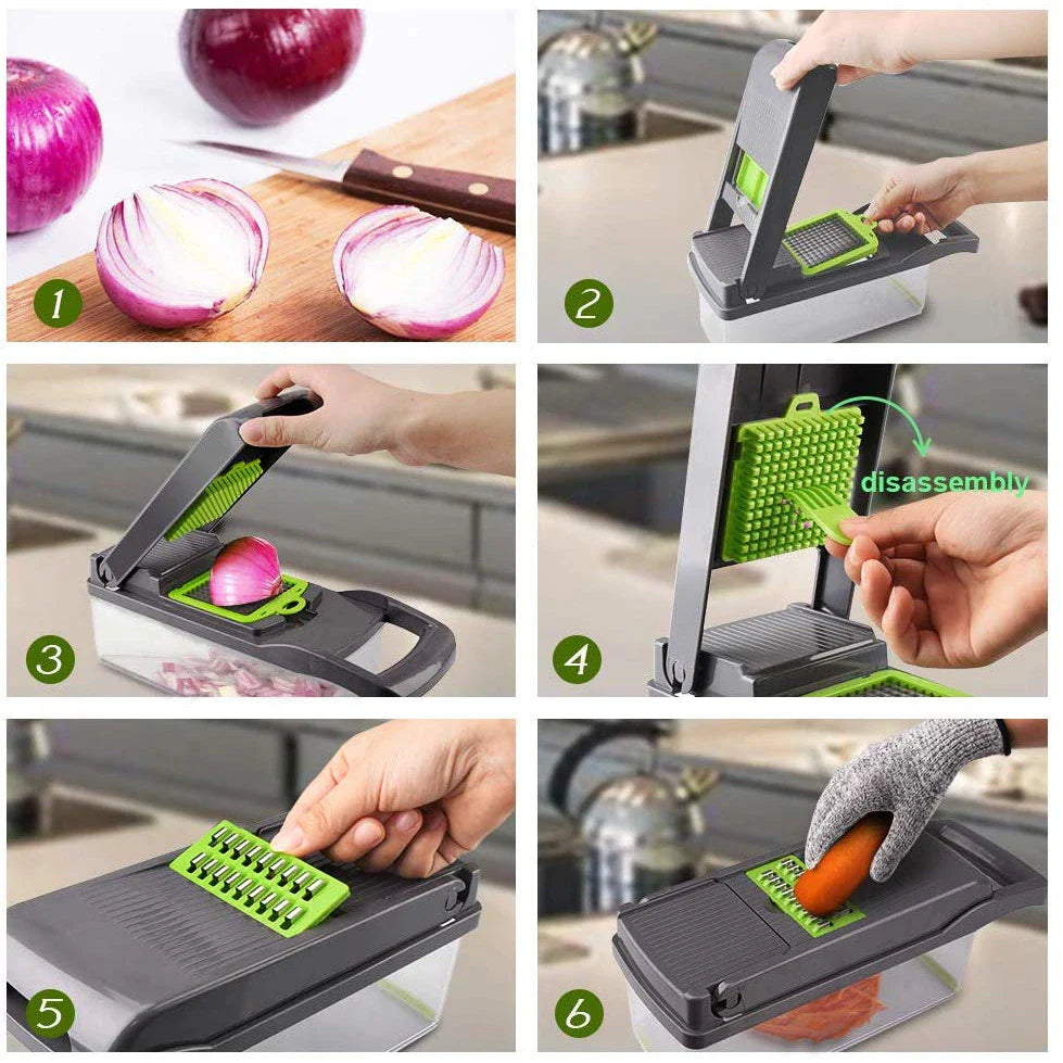 Razatoare multifunctionala legume si fructe 16 piese, lame inox + maner protectie