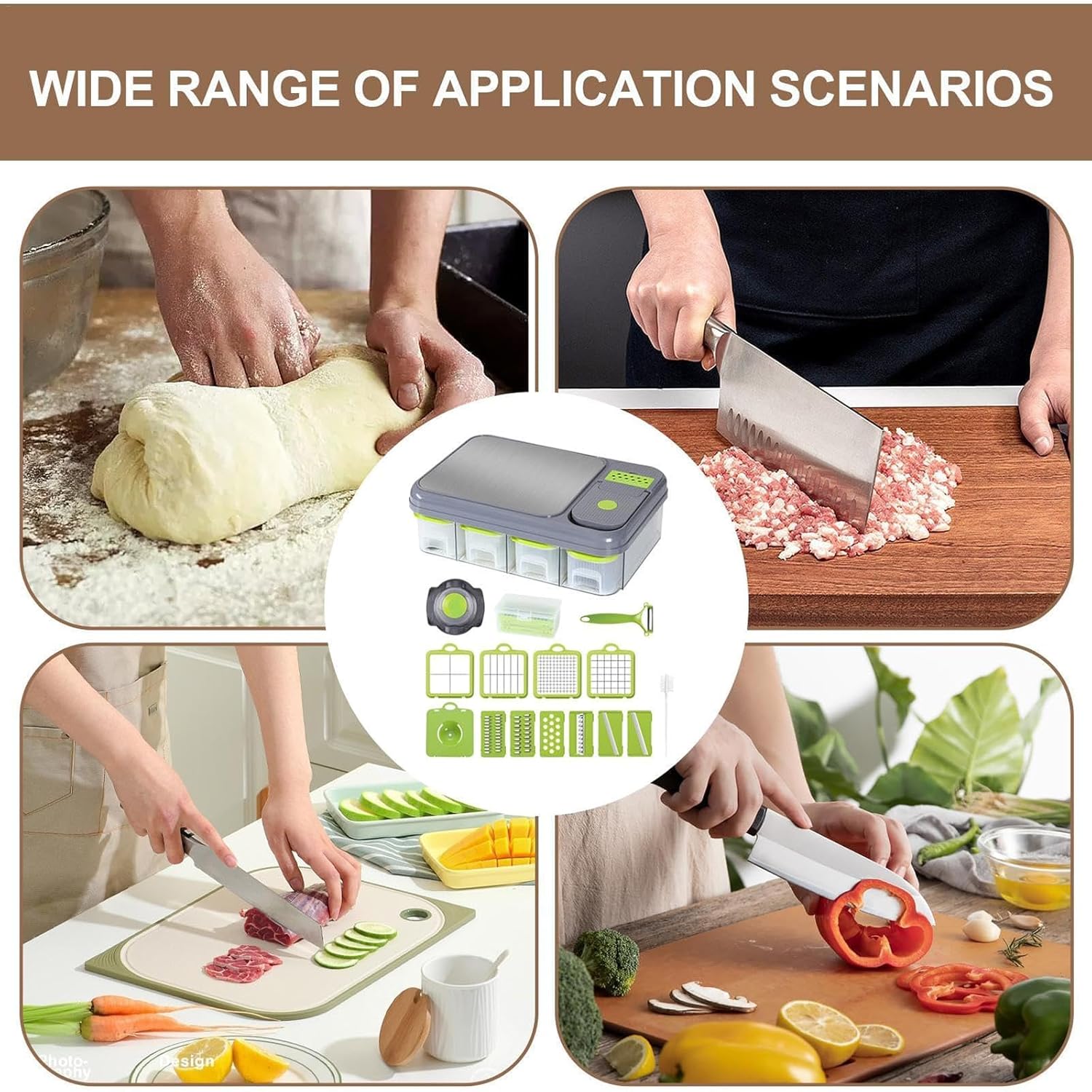 Razatoare si Tocator Multifunctional 28 Piese, Accesorii Interschimbabile, Lama Otel Inoxidabil, Pentru Legume si Fructe, Feliere, Radere, Maruntire, Separator Ou, Recipient Depozitare, Gri/Verde