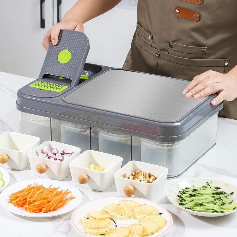 Razatoare si Tocator Multifunctional 28 Piese, Accesorii Interschimbabile, Lama Otel Inoxidabil, Pentru Legume si Fructe, Feliere, Radere, Maruntire, Separator Ou, Recipient Depozitare, Gri/Verde
