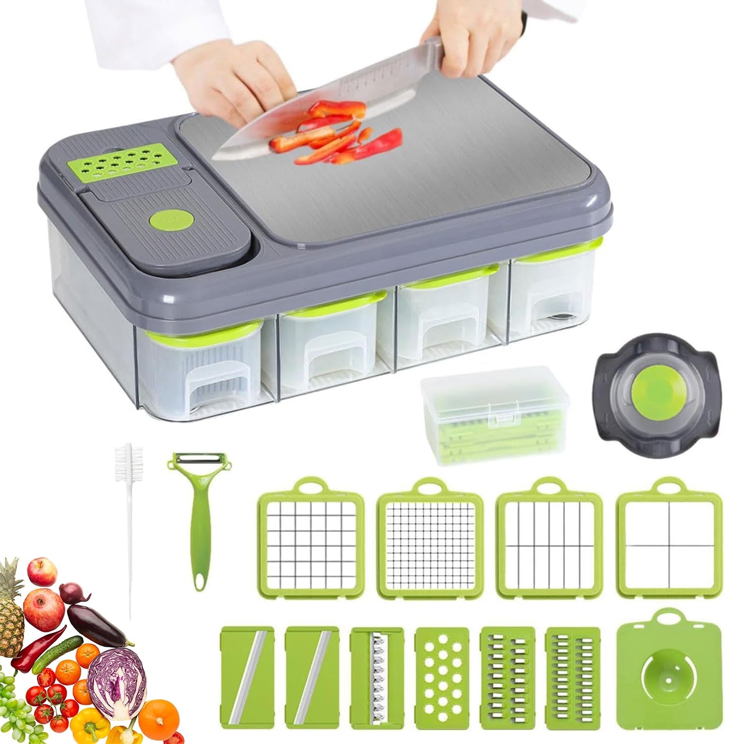 Razatoare si Tocator Multifunctional 28 Piese, Accesorii Interschimbabile, Lama Otel Inoxidabil, Pentru Legume si Fructe, Feliere, Radere, Maruntire, Separator Ou, Recipient Depozitare, Gri/Verde