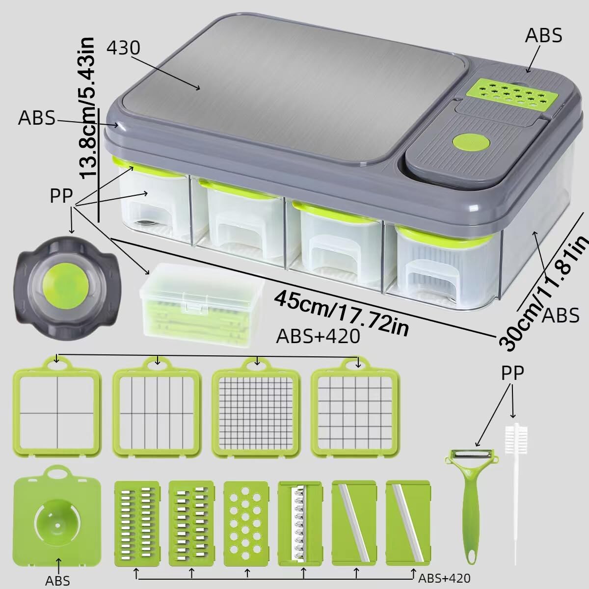 Razatoare si Tocator Multifunctional 28 Piese, Accesorii Interschimbabile, Lama Otel Inoxidabil, Pentru Legume si Fructe, Feliere, Radere, Maruntire, Separator Ou, Recipient Depozitare, Gri/Verde