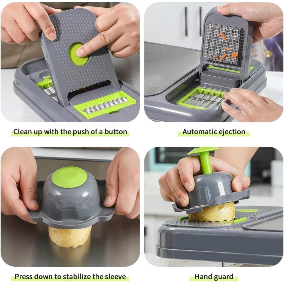 Razatoare si Tocator Multifunctional 28 Piese, Accesorii Interschimbabile, Lama Otel Inoxidabil, Pentru Legume si Fructe, Feliere, Radere, Maruntire, Separator Ou, Recipient Depozitare, Gri/Verde
