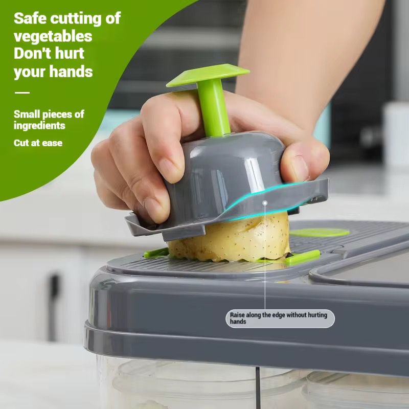Razatoare si Tocator Multifunctional 28 Piese, Accesorii Interschimbabile, Lama Otel Inoxidabil, Pentru Legume si Fructe, Feliere, Radere, Maruntire, Separator Ou, Recipient Depozitare, Gri/Verde