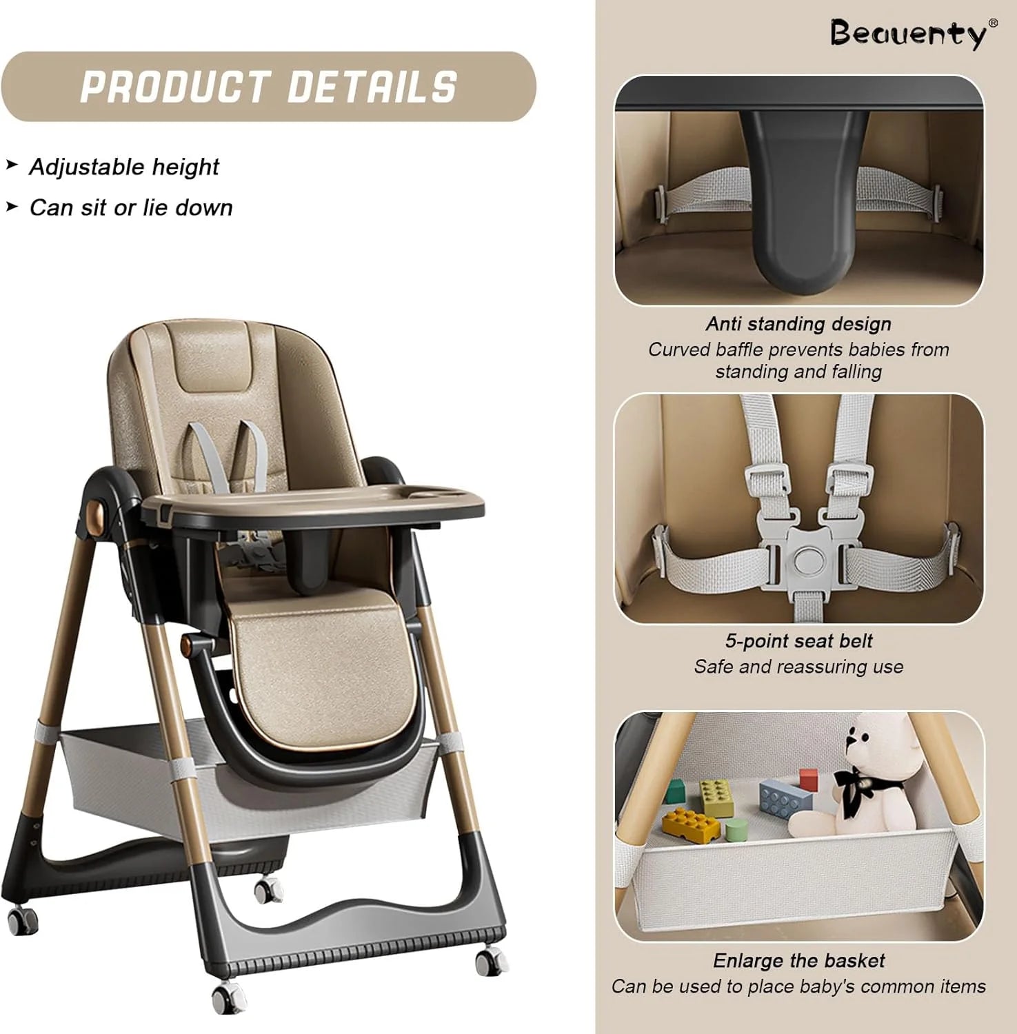 Scaun de Masa 3 in 1 pentru Bebelusi si Copii, varsta 6-36 luni, Inaltime ajustabila, centura de siguranta in 5 puncte, tavita reglabila si detasabila, roti, maro