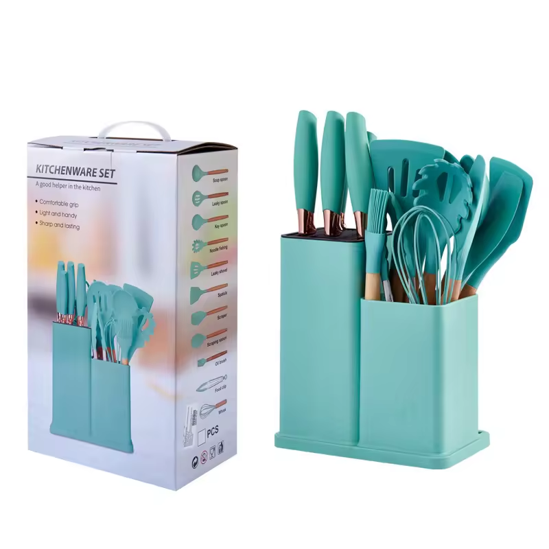 Set 19 ustensile de gatit din silicon cu maner rezistent din bambus, suport si tocator