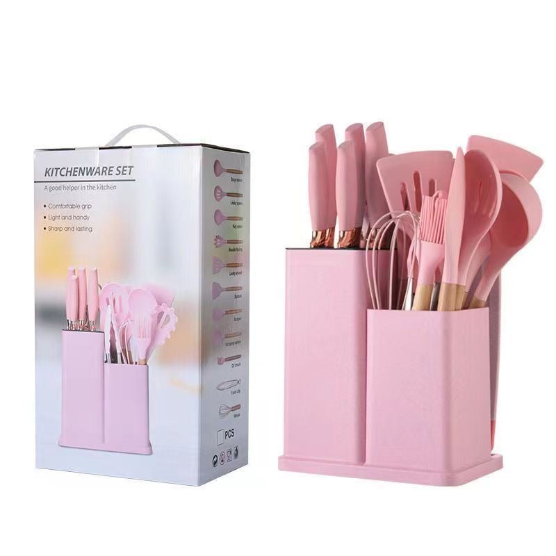 Set 19 ustensile de gatit din silicon cu maner rezistent din bambus, suport si tocator