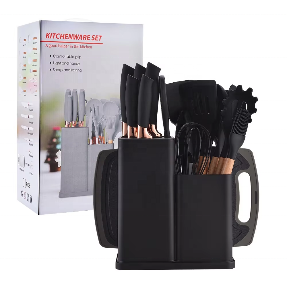Set 19 ustensile de gatit din silicon cu maner rezistent din bambus, suport si tocator