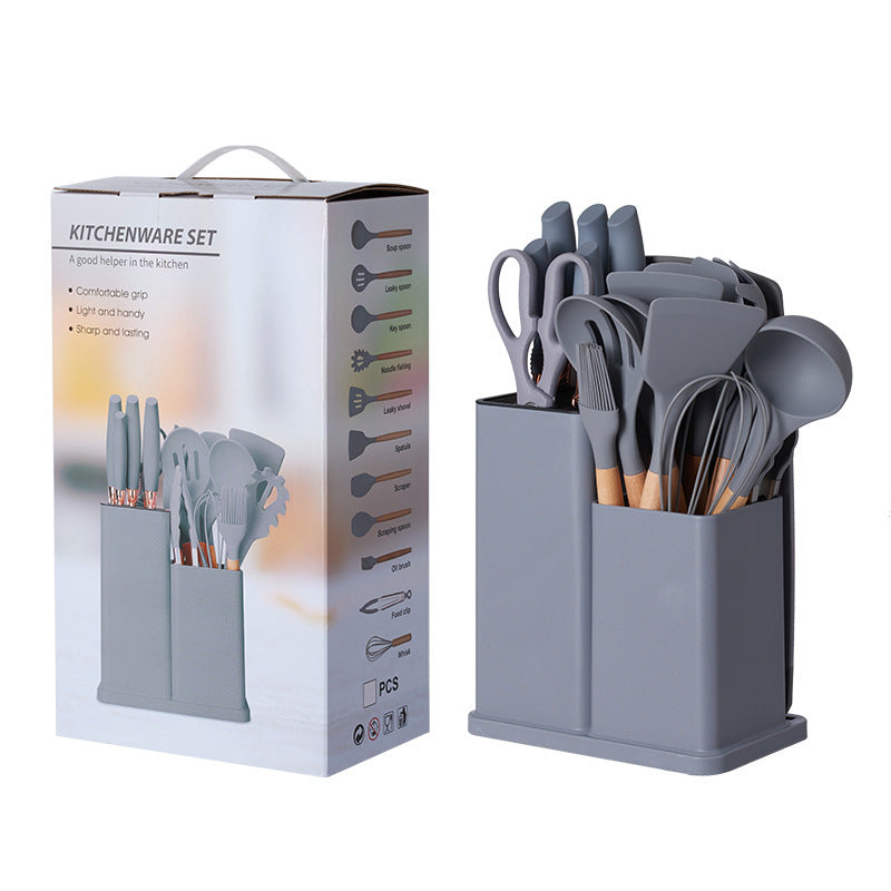 Set 19 ustensile de gatit din silicon cu maner rezistent din bambus, suport si tocator
