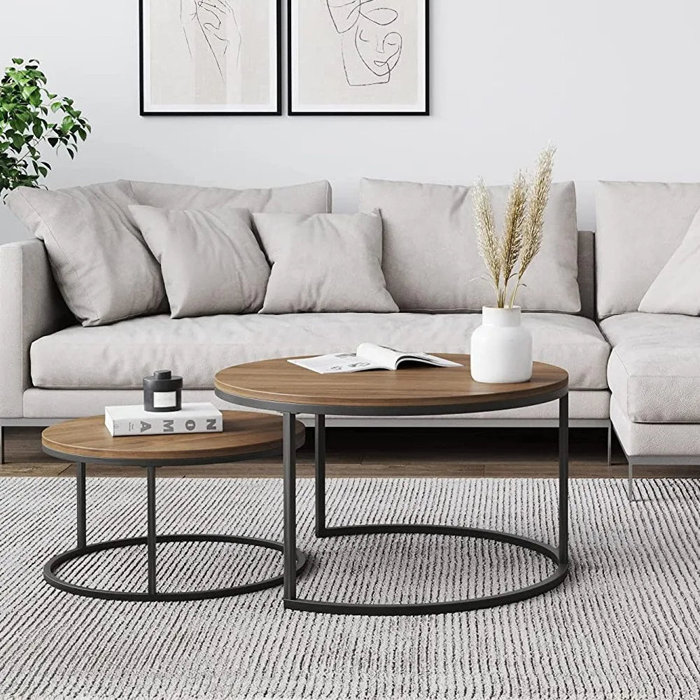 Set 2 masute rotunde de cafea cu efect de marmura, blat MDF, cadru metalic auriu, 70x45 cm si 50x38 cm