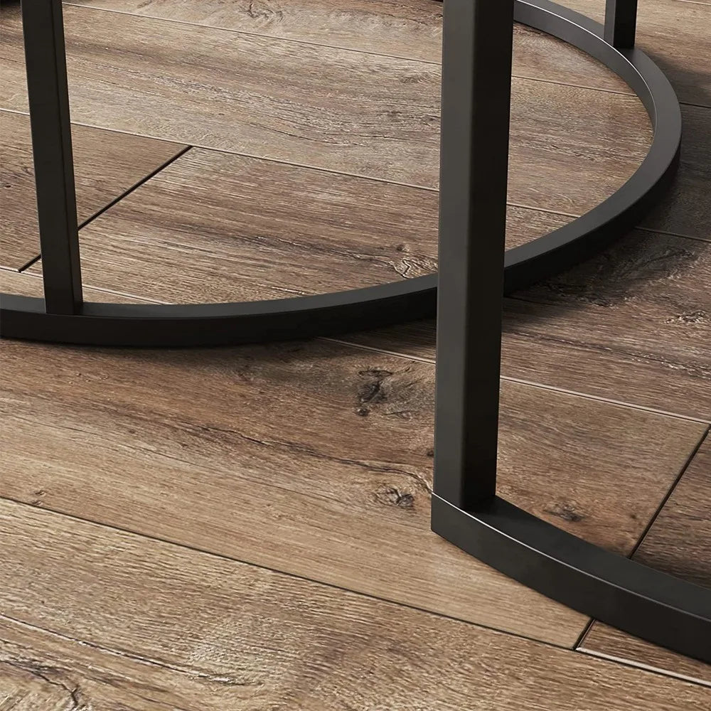 Set 2 masute rotunde de cafea cu efect de marmura, blat MDF, cadru metalic auriu, 70x45 cm si 50x38 cm