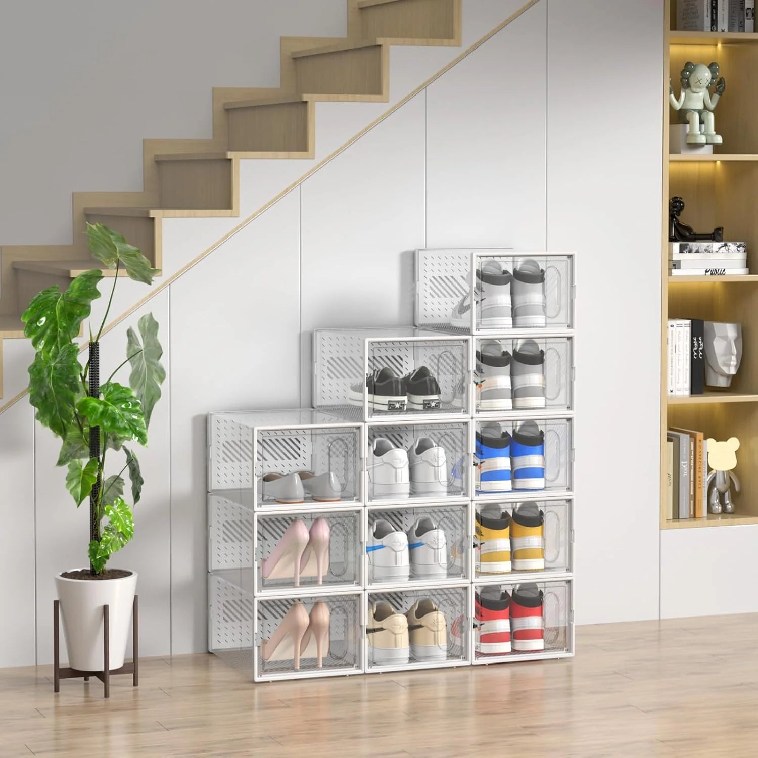 Set 6 cutii organizatoare pentru incaltaminte, pliabile, design transparent, 34.5x25.5x105cm, alb