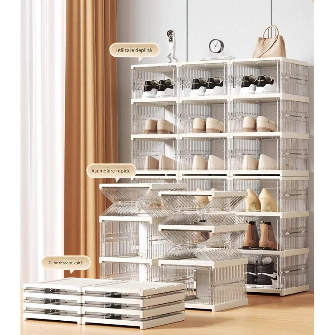 Set 6 cutii organizatoare pentru incaltaminte, pliabile, design transparent, 34.5x25.5x105cm, alb