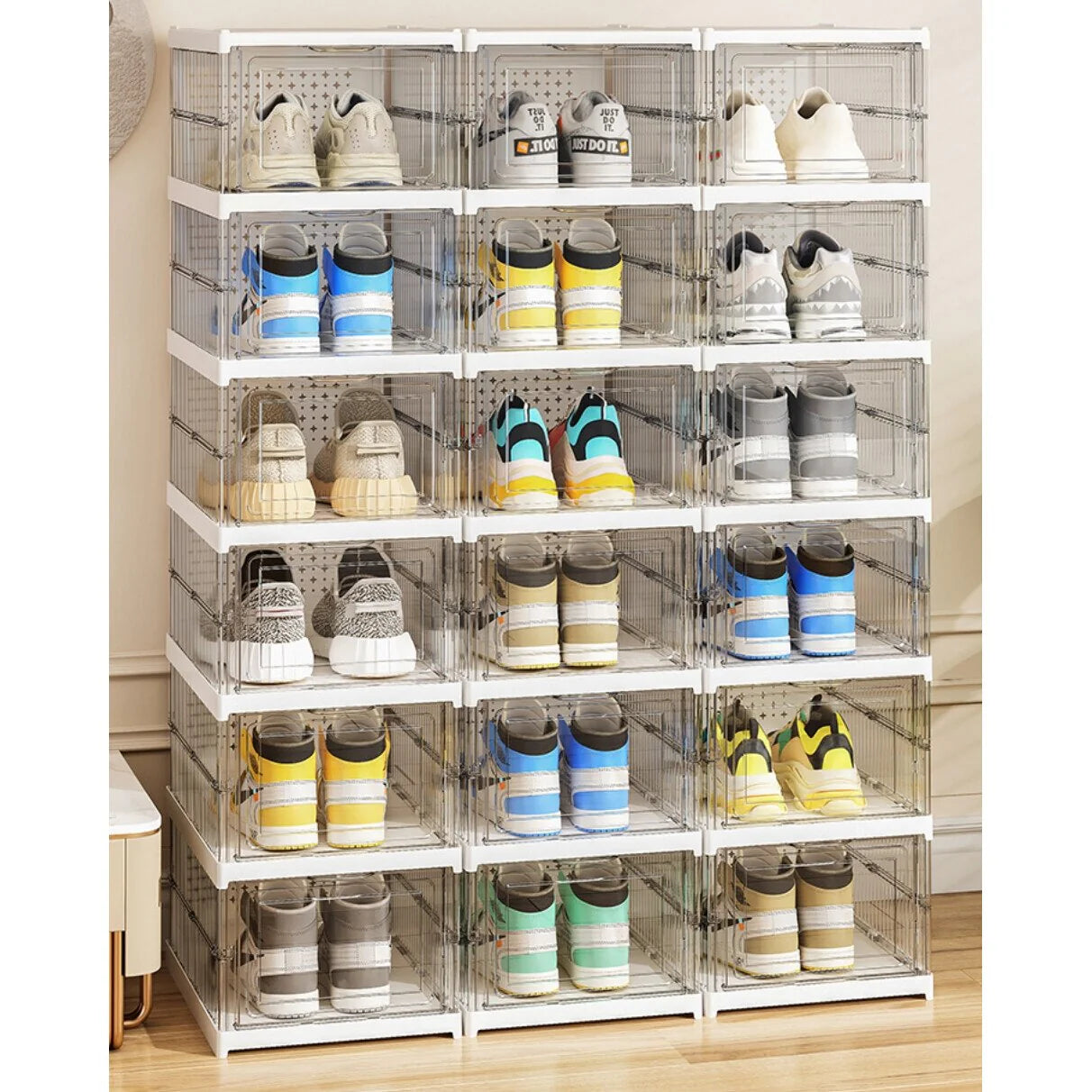 Set 6 cutii organizatoare pentru incaltaminte, pliabile, design transparent, 34.5x25.5x105cm, alb