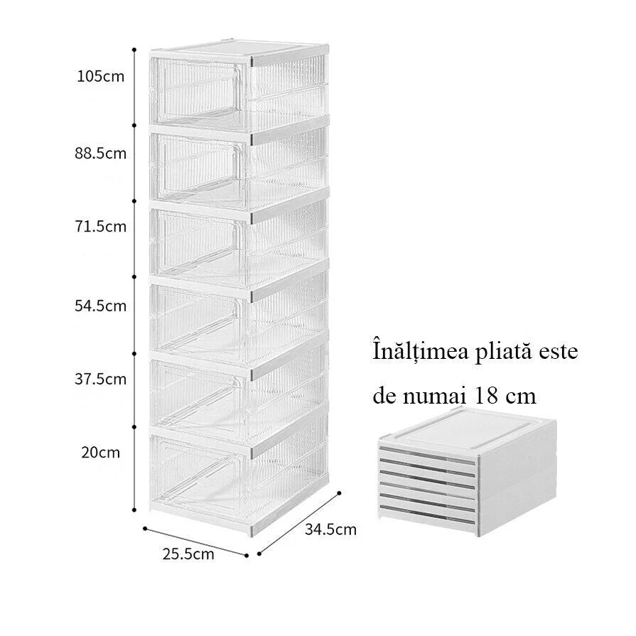Set 6 cutii organizatoare pentru incaltaminte, pliabile, design transparent, 34.5x25.5x105cm, alb