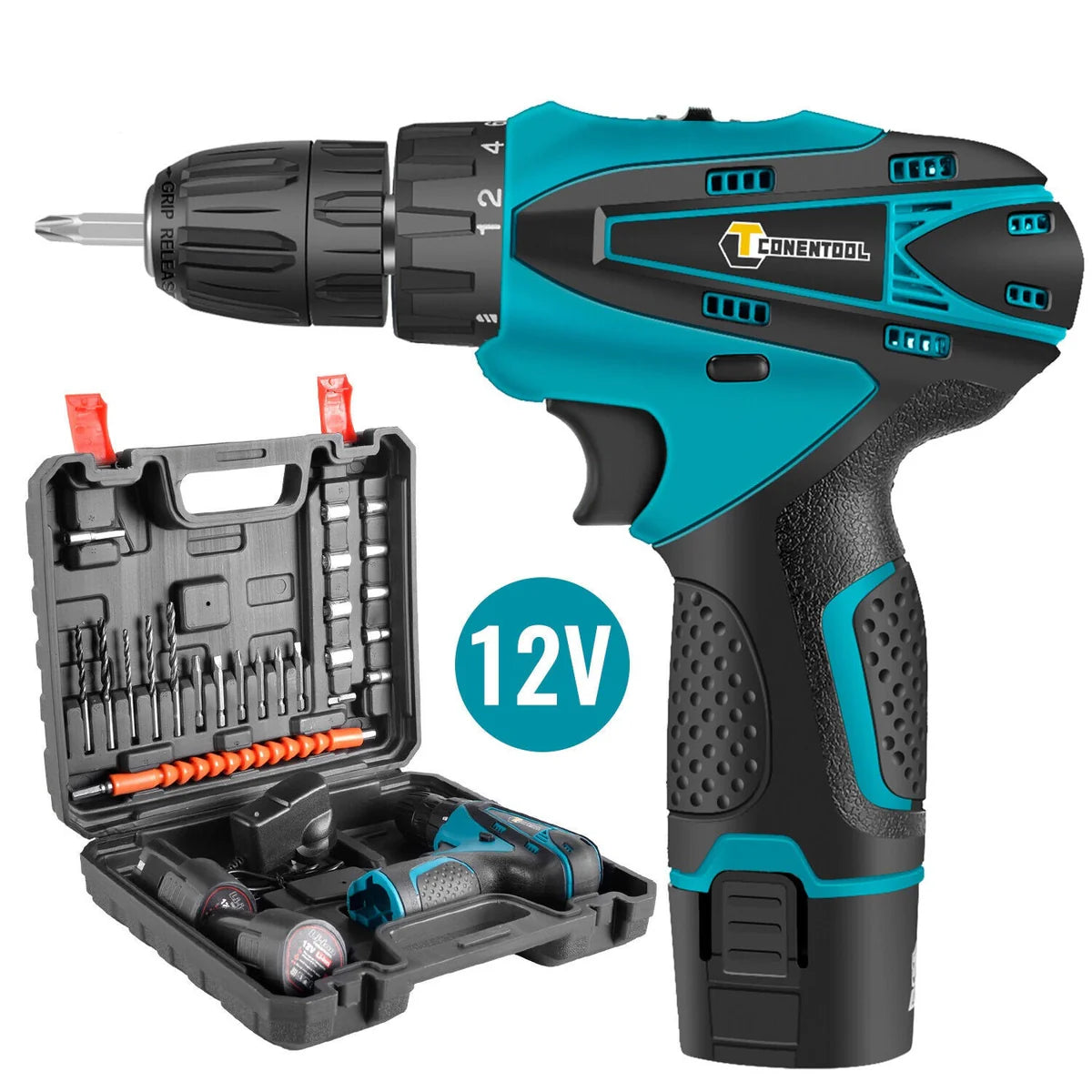 Set Bormasina Electrica, 12V Cu 2 Acumulatori, 1400 RPM Si 24 Accesorii Incluse