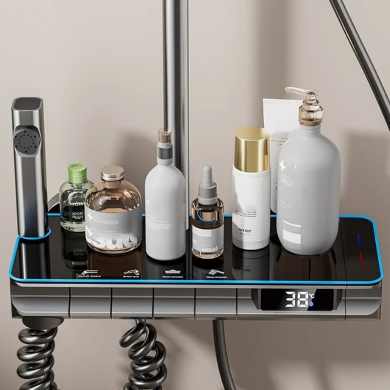 Set Coloana Baterie Dus cu Afisaj Electronic si Lumini LED, 4 Moduri de Curgere a apei, Premium, Negru cu Gri