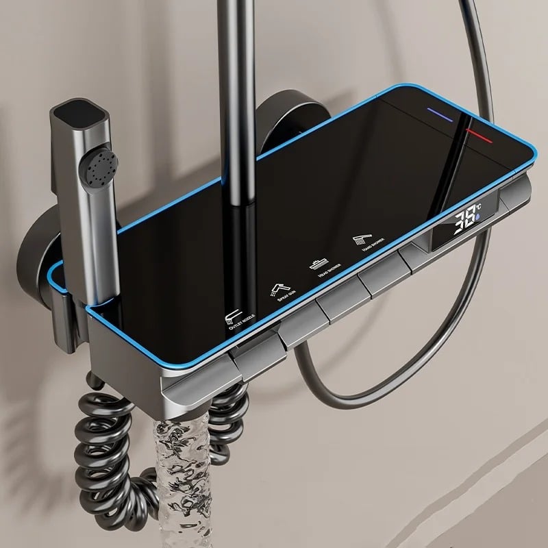 Set Coloana Baterie Dus cu Afisaj Electronic si Lumini LED, 4 Moduri de Curgere a apei, Premium, Negru cu Gri