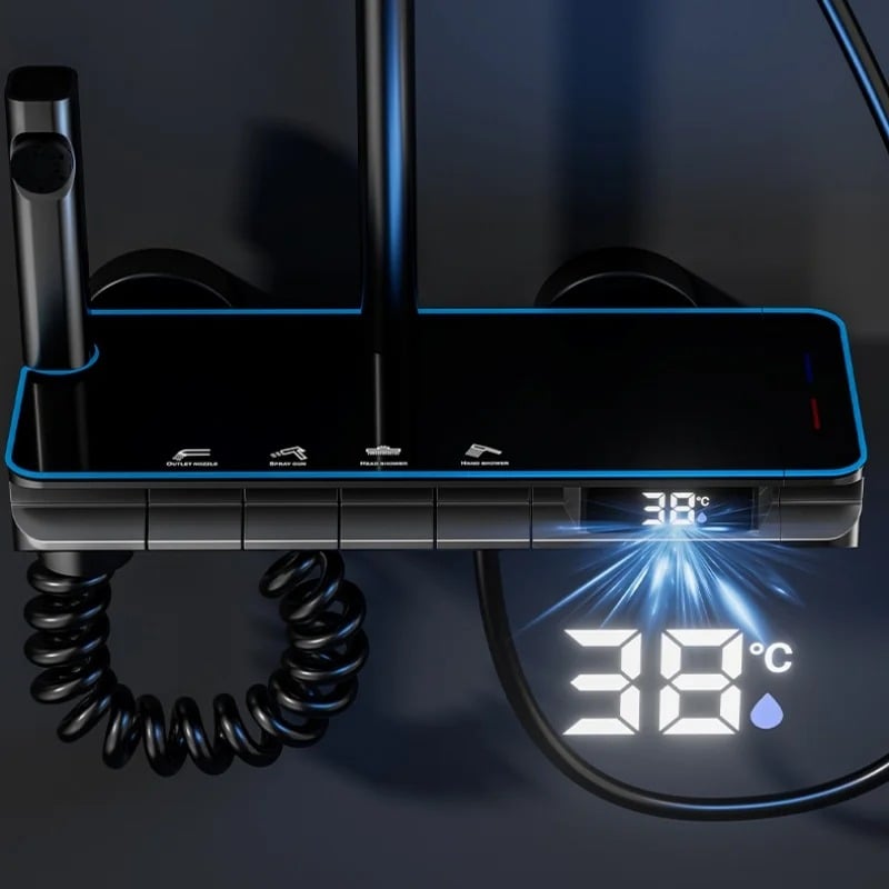 Set Coloana Baterie Dus cu Afisaj Electronic si Lumini LED, 4 Moduri de Curgere a apei, Premium, Negru cu Gri
