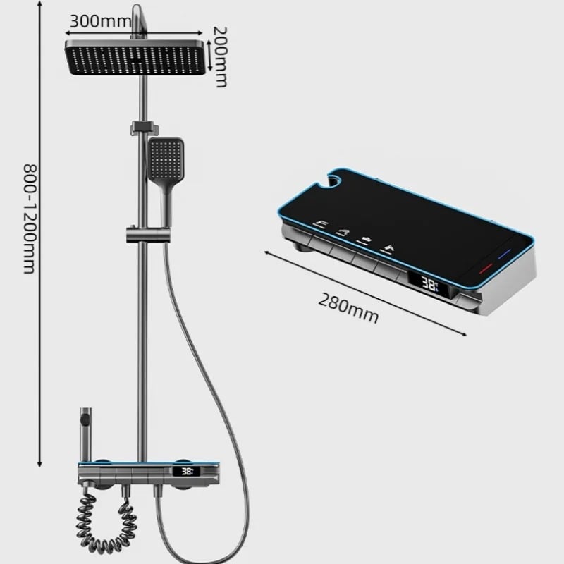 Set Coloana Baterie Dus cu Afisaj Electronic si Lumini LED, 4 Moduri de Curgere a apei, Premium, Negru cu Gri