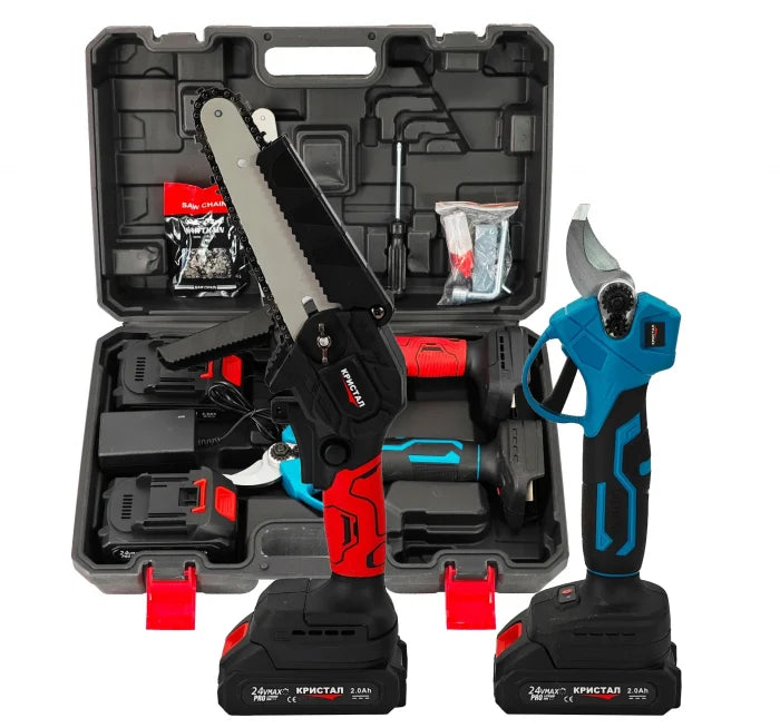 Set Foarfeca + MiniDrujba cu Sistem Ungere Lant, cu 2 Acumulatori 48V 6AH, Trusa Depozitare Inclusa