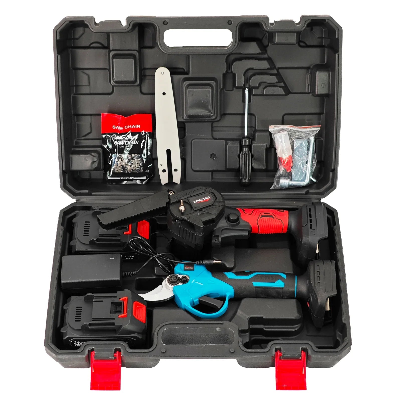Set Foarfeca + MiniDrujba cu Sistem Ungere Lant, cu 2 Acumulatori 48V 6AH, Trusa Depozitare Inclusa