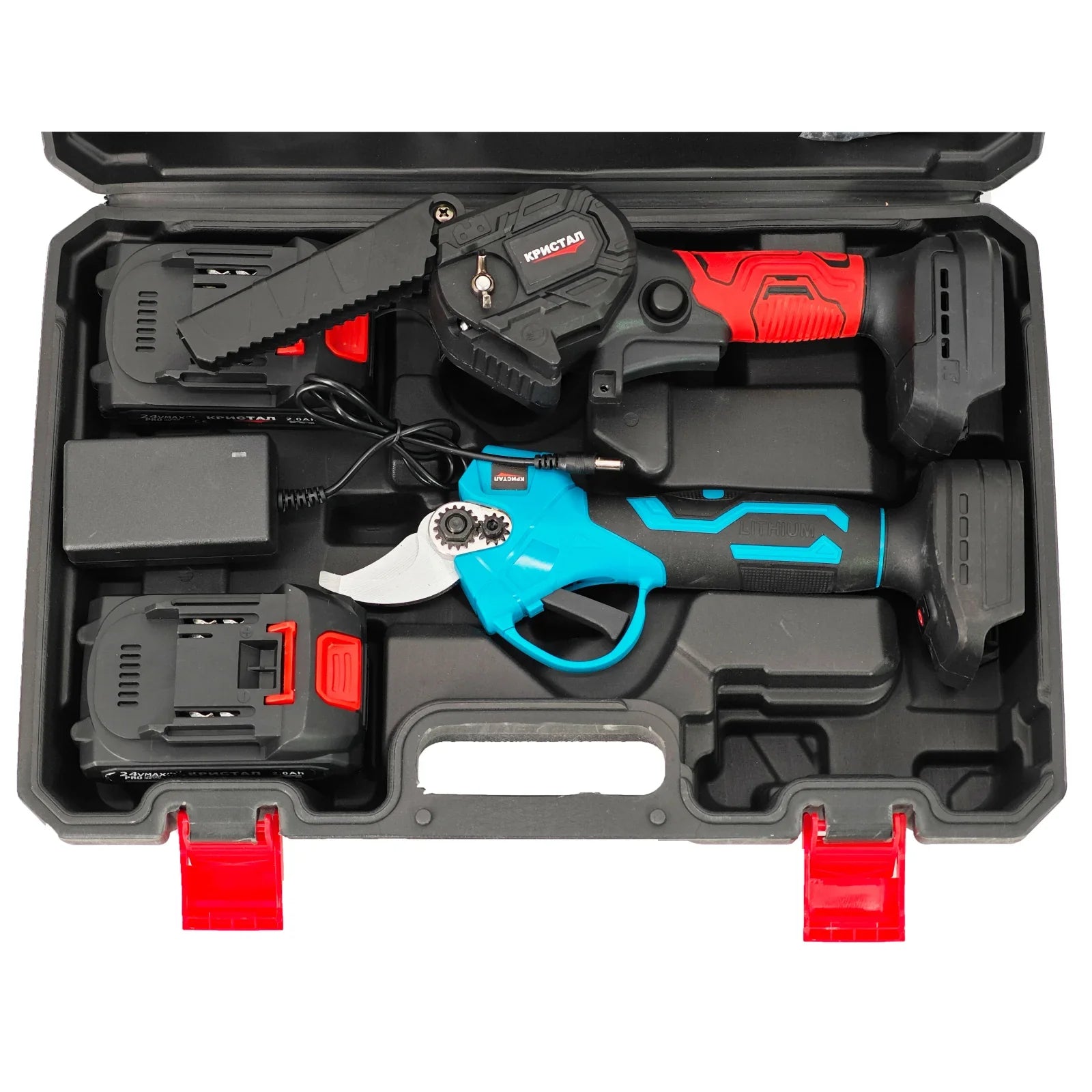Set Foarfeca + MiniDrujba cu Sistem Ungere Lant, cu 2 Acumulatori 48V 6AH, Trusa Depozitare Inclusa