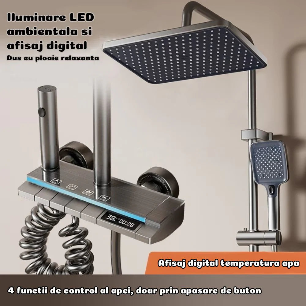 Set coloana dus digital cu termostat, afisaj LED, 4 functii curgere apa, control termostatic, robinet tip cascada, Gri Grafit