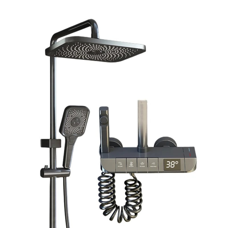 Set de dus cu para dreptunghiulara, afisaj digital, montare perete, 4 functii de curgere a apei, dus tip ploaie, dus de mana, design modern, sistem de dus, crom