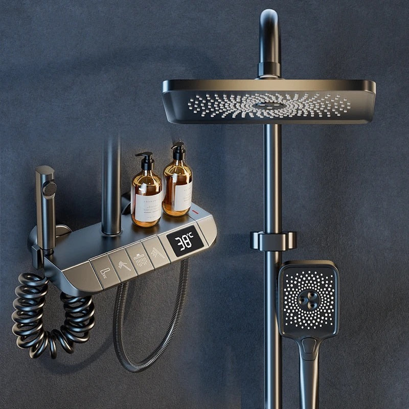 Set de dus cu para dreptunghiulara, afisaj digital, montare perete, 4 functii de curgere a apei, dus tip ploaie, dus de mana, design modern, sistem de dus, crom