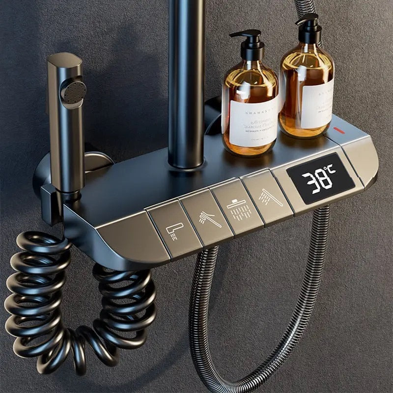 Set de dus cu para dreptunghiulara, afisaj digital, montare perete, 4 functii de curgere a apei, dus tip ploaie, dus de mana, design modern, sistem de dus, crom