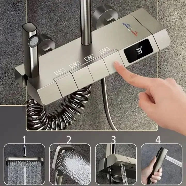 Set de dus cu para dreptunghiulara, afisaj digital, montare perete, 4 functii de curgere a apei, dus tip ploaie, dus de mana, design modern, sistem de dus, crom