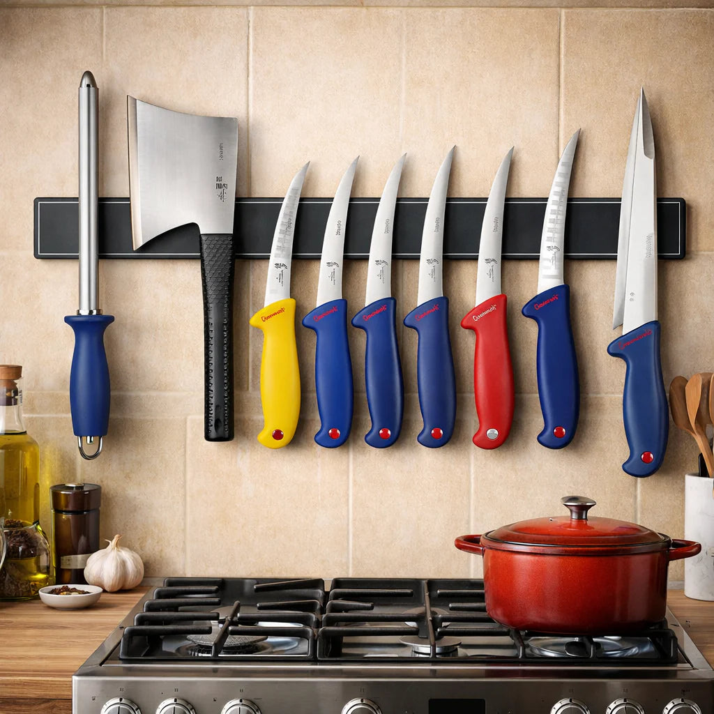 Set macelarie format din 8 piese, 6 cutite, 1 masat magnetic, 1 satar pentru spart oase