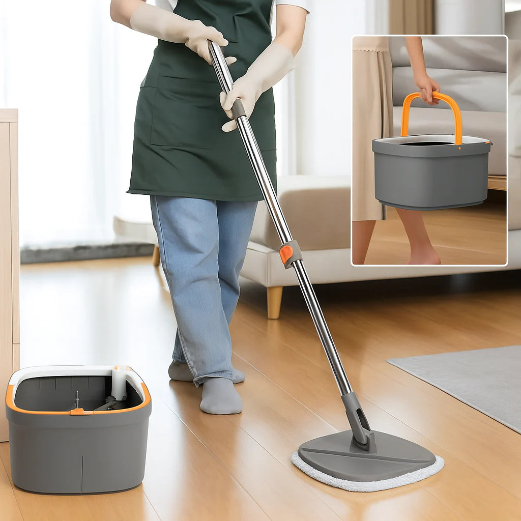 Set mop rotativ 360° cu galeata centrifuga, separare apa curata de apa murdara, sistem evacuare apa, 4 rezerve, gri