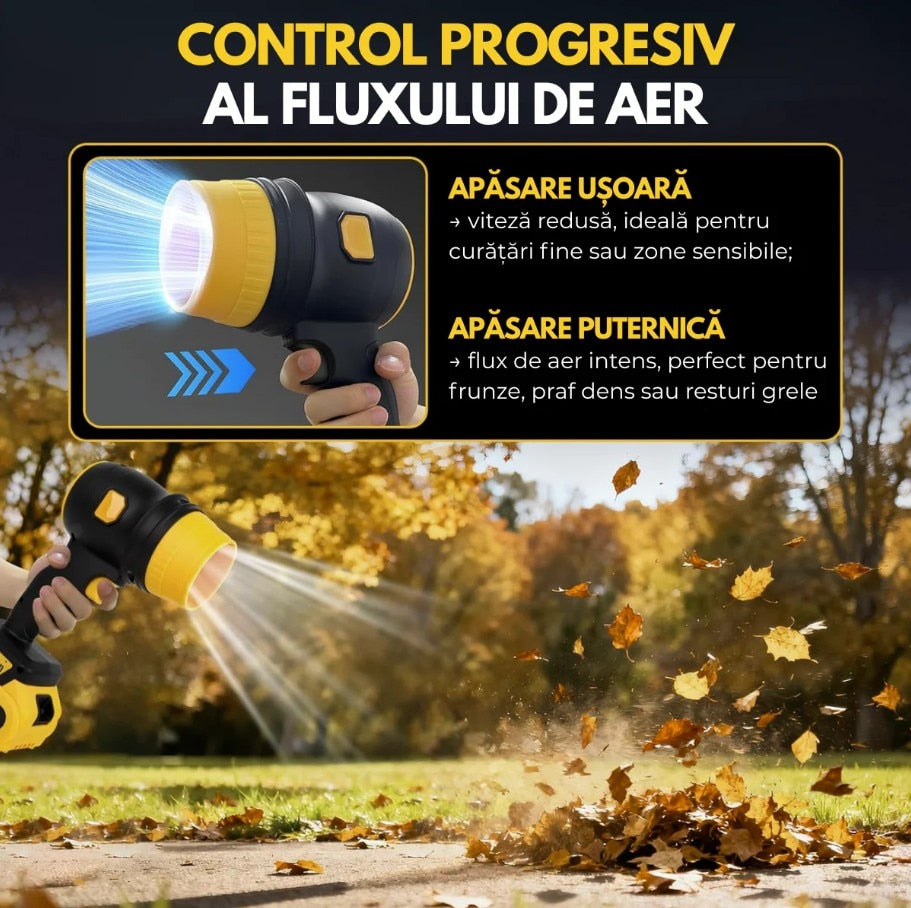 Suflanta Aer Portabila cu 2 Acumulatori 48V, 34000 RPM, Uscare Masina, Suflat Frunze, Yellow Hurricane